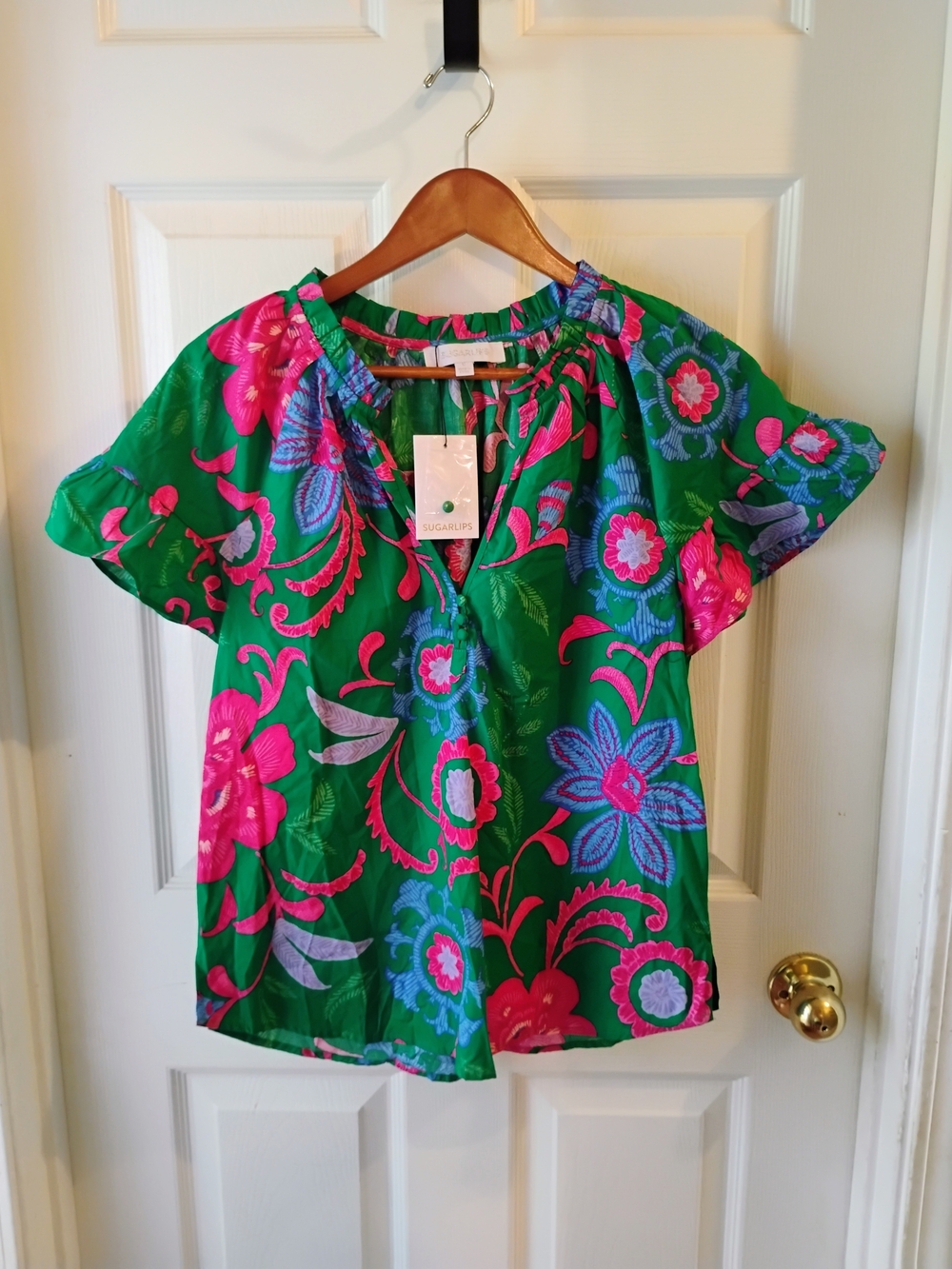Sugarlips Green Floral Flutter Sleeve Blouse